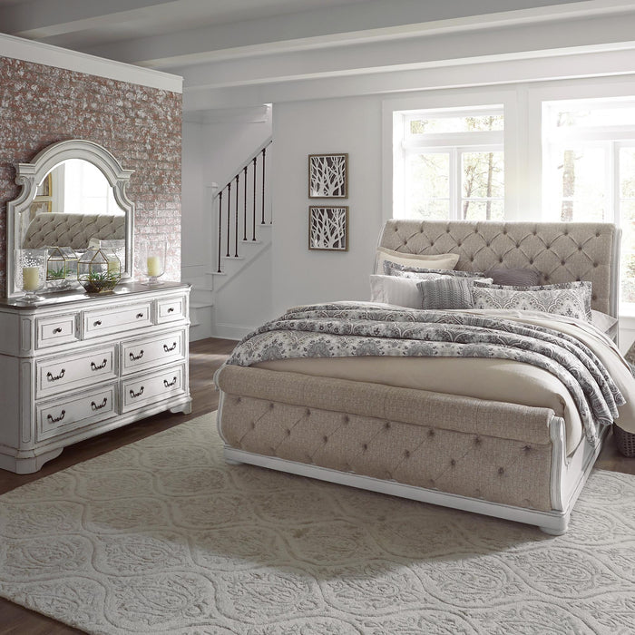 Magnolia Manor King California Upholstered Sleigh Bed, Dresser & Mirror