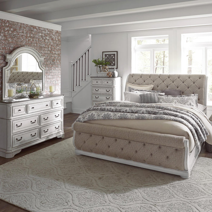 Magnolia Manor King California Upholstered Sleigh Bed, Dresser & Mirror, Chest