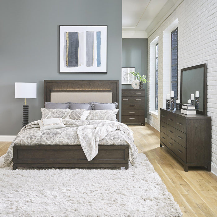 Modern Mix King Uph Bed, Dresser & Mirror, Chest