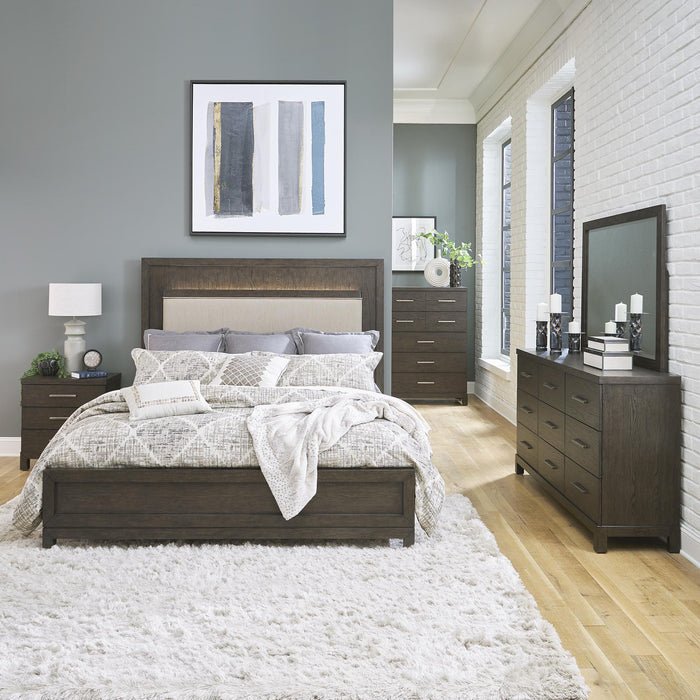 Modern Mix King Uph Bed, Dresser & Mirror, Chest, Nightstand