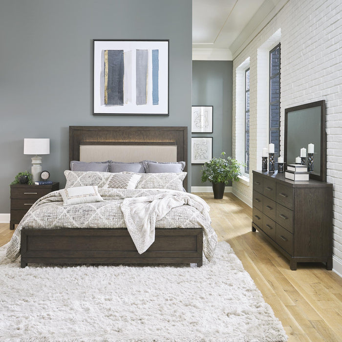 Modern Mix Queen Uph Bed, Dresser & Mirror, Nightstand