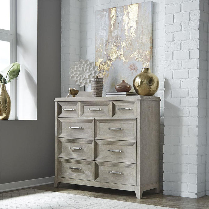 Liberty Furniture Belmar 9 Drawer Bureau Dresser in Washed Taupe and Silver Champagne